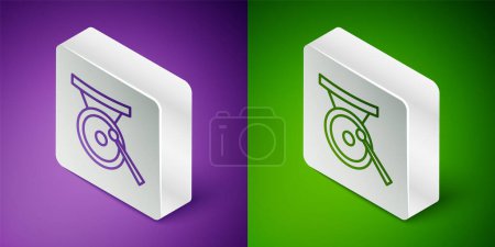 Isometric line Gong musical percussion instrument circular metal disc and hammer icon isolated on purple and green background. Silver square button. Vector