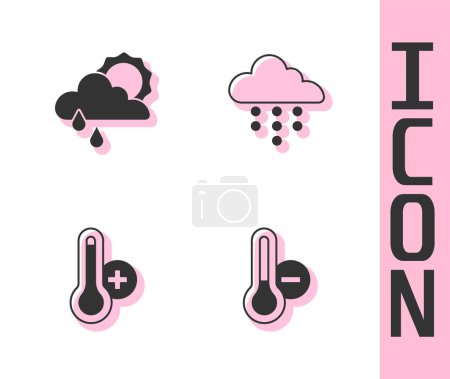 Set Termómetro meteorológico, Nube con lluvia y sol, e icono. Vector