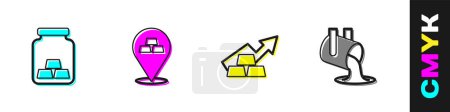 Set Gold bars, Growth arrow with gold and Molten being poured icon. Vector