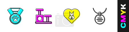 Set Pet award symbol, Cat scratching post with toy, Heart dog and Collar name tag icon. Vector