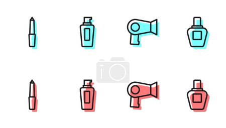 Téléchargez les illustrations : Set line Sèche-cheveux, lime à ongles, bouteille de shampooing et icône de parfum. Vecteur - en licence libre de droit