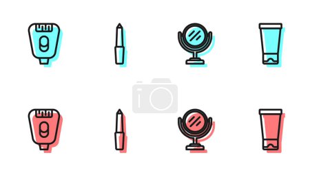 Illustration for Set line Round makeup mirror, Epilator, Nail file and Cream lotion cosmetic tube icon. Vector - Royalty Free Image