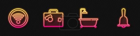 Set line Bathtub with shower, Wi-Fi wireless, Suitcase and Hotel service bell. Glowing neon icon. Vector