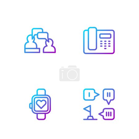 Set line Planning strategy, Smart watch, Two sitting men talking and Telephone 24 hours support. Gradient color icons. Vector