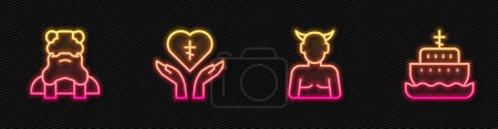 Set line Krampus, heck, Priest, Religious cross in heart and Ark of noah. Glowing neon icon. Vector