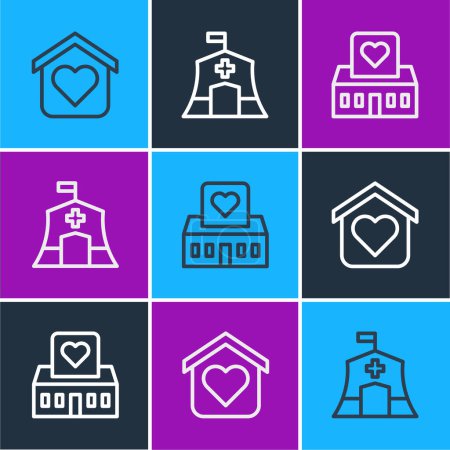 Illustration for Set line Shelter for homeless, Volunteer center and Emergency medical tent icon. Vector - Royalty Free Image