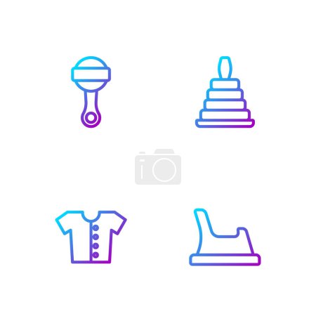 Set Linie Baby Töpfchen, T-Shirt, Rassel Babyspielzeug und Pyramide. Farbverlauf-Symbole. Vektor