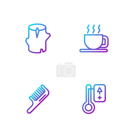 Set Line Sauna Thermometer, Haarbürste, Holzscheit und Tasse Tee. Farbverlauf-Symbole. Vektor