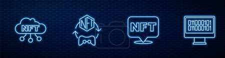 Zeile NFT Digitale Kryptokunst, Cloud und Binärcode einstellen. Leuchtendes Neon-Symbol an der Ziegelwand. Vektor