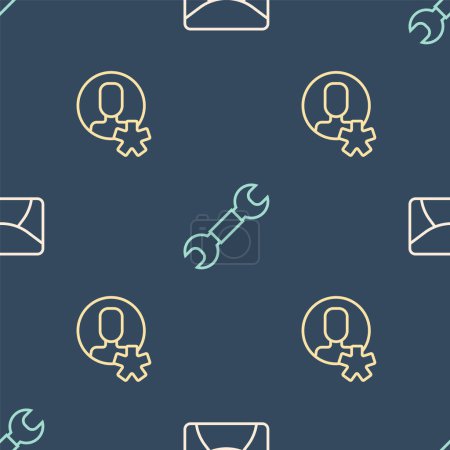 Set line Mail and e-mail, Elected employee and Wrench spanner on seamless pattern. Vector