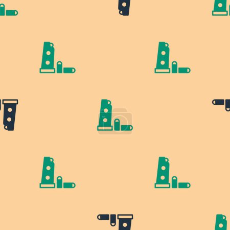 Green and black Gun magazine and bullets icon isolated seamless pattern on beige background.  Vector.