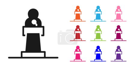 Black Speaker icon isolated on white background. Orator speaking from tribune. Public speech. Person on podium. Set icons colorful. Vector.