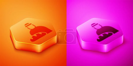 Isometrische Fütterung der Obdachlosen-Ikone isoliert auf orangefarbenem und pinkem Hintergrund. Hilfe und Unterstützung. Den Hungrigen zu essen geben. Sechseck-Taste. Vektor
