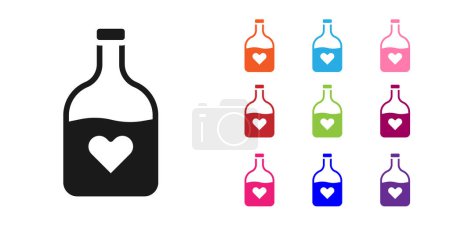 Black Bottle with love potion icon isolated on white background. Happy Valentines day. Set icons colorful. Vector