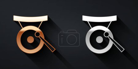 Gold and silver Gong musical percussion instrument circular metal disc and hammer icon isolated on black background. Long shadow style. Vector