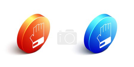 Illustration for Isometric MMA glove icon isolated on white background. Sports accessory fighters. Warrior gloves. Orange and blue circle button. Vector - Royalty Free Image