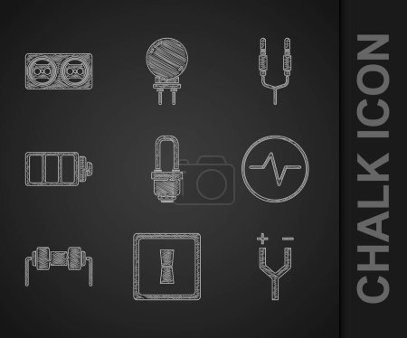 Illustration for Set LED light bulb, Electric switch, cable, circuit scheme, Resistor electricity, Battery charge level indicator, Audio jack and Electrical outlet icon. Vector - Royalty Free Image
