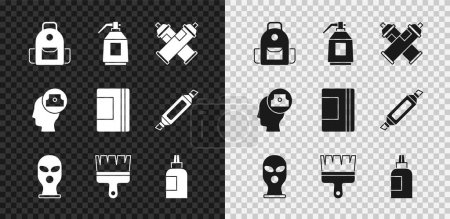 Set School backpack, Paint spray gun, can, Balaclava, brush, Paint, gouache, jar, dye, Spray nozzle cap and Spiral notebook icon. Vector