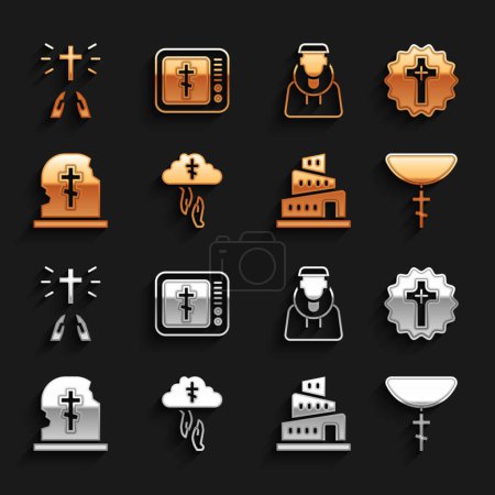 Set God's helping hand, Christian cross, on chain, Babel tower bible story, Grave with tombstone, Monk, Hands praying position and Online church pastor preaching icon. Vector