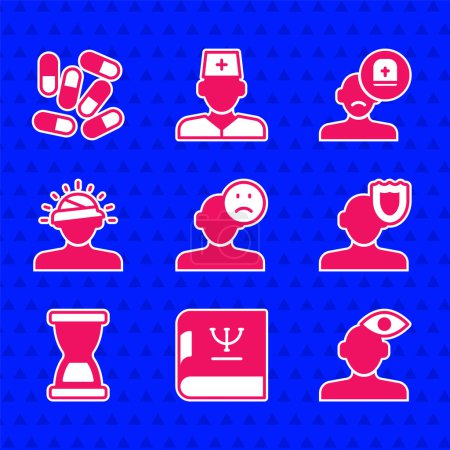 Illustration for Set Sad and depressed man, bad mood, Psychology book, Solution problem in psychology, Old hourglass, Concussion, headache, Male doctor and Medicine pill tablet icon. Vector - Royalty Free Image