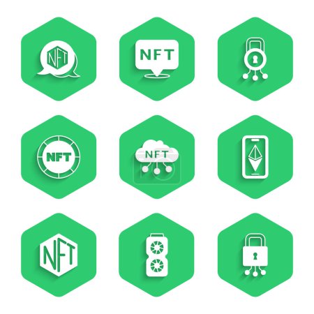 Setzen Sie NFT-Cloud, Grafikkarte, Cyber-Sicherheit, Ethereum ETH, digitale Kryptokunst und Icon. Vektor
