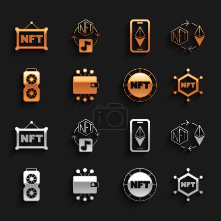 Set billetera criptomoneda, intercambio Ethereum NFT, tecnología blockchain, arte criptomoneda digital, tarjeta gráfica de vídeo, ETH, y el icono. Vector