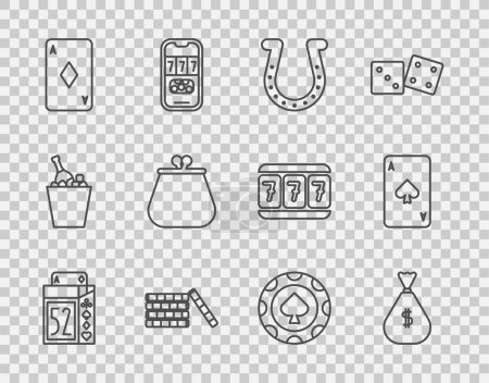 Set line Deck of playing cards, Money bag, Horseshoe, Casino chips, Playing with diamonds, Wallet,  and spades icon. Vector