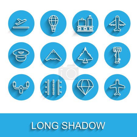 Set line Aircraft steering helm, Airport runway, Plane takeoff, Parachute, Jet fighter,  and  icon. Vector