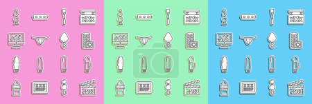 Set line Movie clapper with 18 plus content, Dildo vibrator, Birth control pills and condom, Leather whip, Woman panties, Monitor, Anal beads and plug icon. Vector