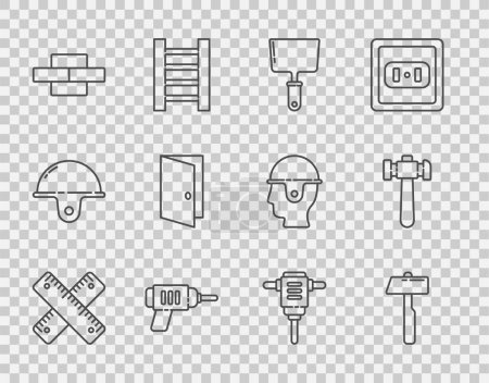 Illustration for Set line Crossed ruler, Hammer, Putty knife, Electric drill machine, Bricks, Closed door, rotary hammer and  icon. Vector - Royalty Free Image
