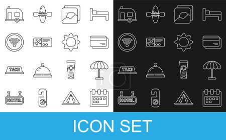 Set line Calendar, Sun protective umbrella for beach, Credit card, Photo, Airline ticket, Wi-Fi wireless internet network, Rv Camping trailer and  icon. Vector