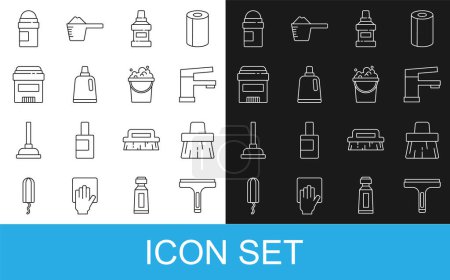 Illustration for Set line Rubber cleaner, Handle broom, Water tap, Mouthwash bottle, Bottle for cleaning agent, Antiperspirant deodorant roll,  and Bucket with soap suds icon. Vector - Royalty Free Image