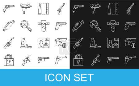 Set line Mauser gun, Buying pistol, Pistol or, Bullet, search, Trap hunting, Revolver and Knife holster icon. Vector