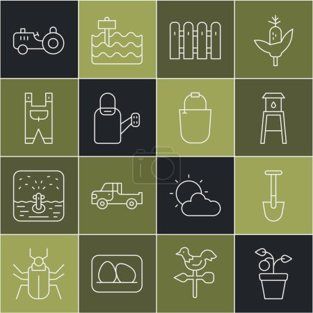 Set line Plant in pot, Shovel, Water tower, Garden fence wooden, Watering can, worker clothes, Tractor and Bucket icon. Vector