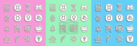 Set line Neptune planet, Mortar and pestle, Comet falling down fast, Old hourglass with sand, Life, Magic stone, Ancient magic book and Venus icon. Vector