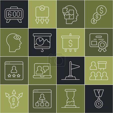 Set line Medal, Training, presentation, Certificate template, Head puzzles strategy, Chalkboard with chart, Man third eye, Digital alarm clock and Target dollar icon. Vector