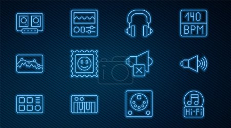 Set line Music note, tone, Speaker volume, Headphones, LSD acid mark, wave equalizer, DJ remote and mixing music, mute and Drum machine icon. Vector
