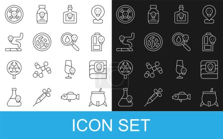 Illustration for Set line Witch cauldron, Book about poisons, Beaker with toxic liquid, Bottle potion, Petri dish bacteria, Cigarette, Bones and skull and Poison magnifying glass icon. Vector - Royalty Free Image