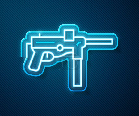Glowing neon line Submachine gun M3, Grease gun icon isolated on blue background.  Vector.