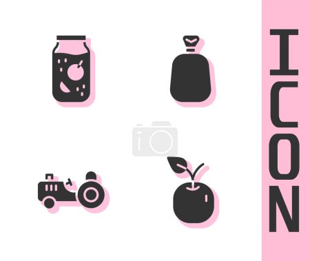 Set Apple, Jam jar, Tractor and Full sack icon. Vector