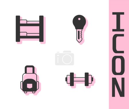 Set Dumbbell, Hotel room bed, Suitcase and door lock key icon. Vector