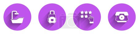 Set Bathtub, Suitcase, Stars rating and Telephone handset icon with long shadow. Vector