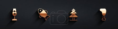 Set Wine glass, Fish, Tree and Chicken leg icon with long shadow. Vector