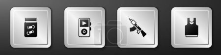 Set Evidence bag with bullet, Music player, Submachine gun and Undershirt icon. Silver square button. Vector
