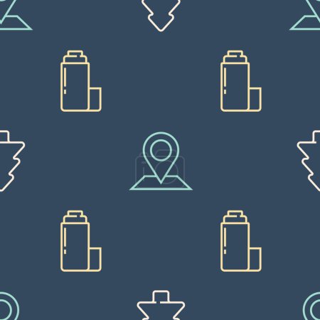 Set line Forest, Thermos container and Location on seamless pattern. Vector.
