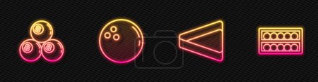 Set line Billiard triangle, ball, Bowling and balls on stand. Glowing neon icon. Vector