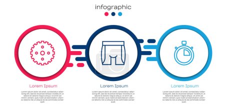 Set line Bicycle sprocket crank, Cycling shorts and Stopwatch. Business infographic template. Vector