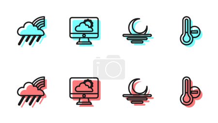 Set line Sunset, Rainbow with cloud and rain, Weather forecast and Meteorology thermometer icon. Vector