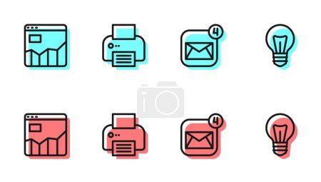 Set line Envelope, Graph chart infographic, Printer and Light bulb icon. Vector
