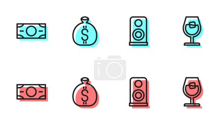 Set line Stereo speaker, Stacks paper money cash, Money bag and Wine glass icon. Vector